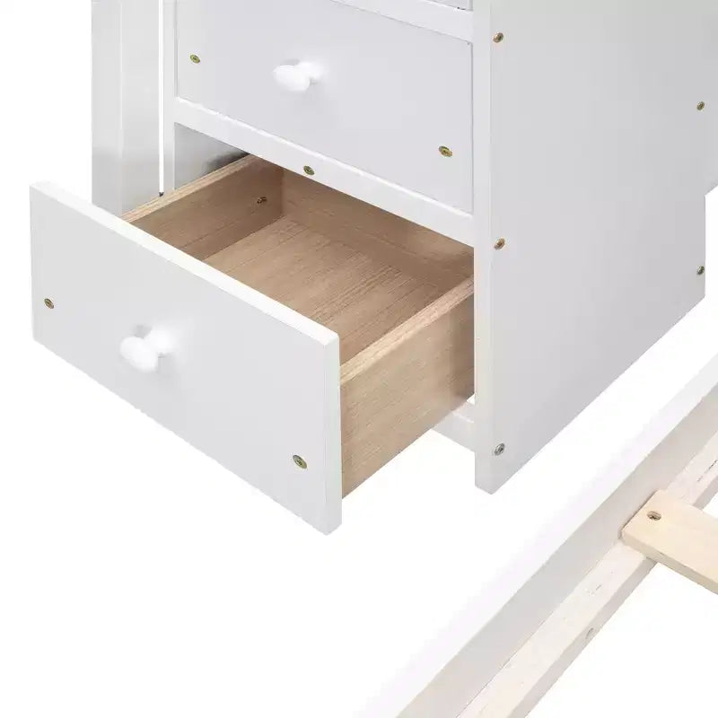 Letto a castello a L con due letti singoli sovrapposti, scale con contenitore, 4 cassetti e mensole, grigio/bianco, per bambini, ragazzi e adulti
