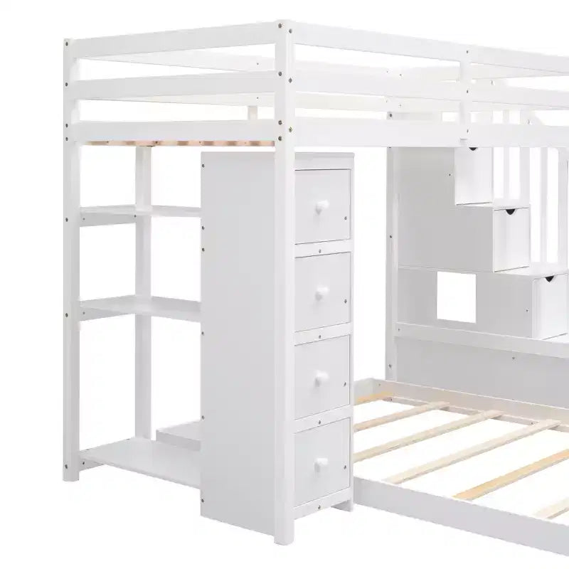 Letto a castello a L con due letti singoli sovrapposti, scale con contenitore, 4 cassetti e mensole, grigio/bianco, per bambini, ragazzi e adulti
