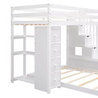 Letto a castello a L con due letti singoli sovrapposti, scale con contenitore, 4 cassetti e mensole, grigio/bianco, per bambini, ragazzi e adulti