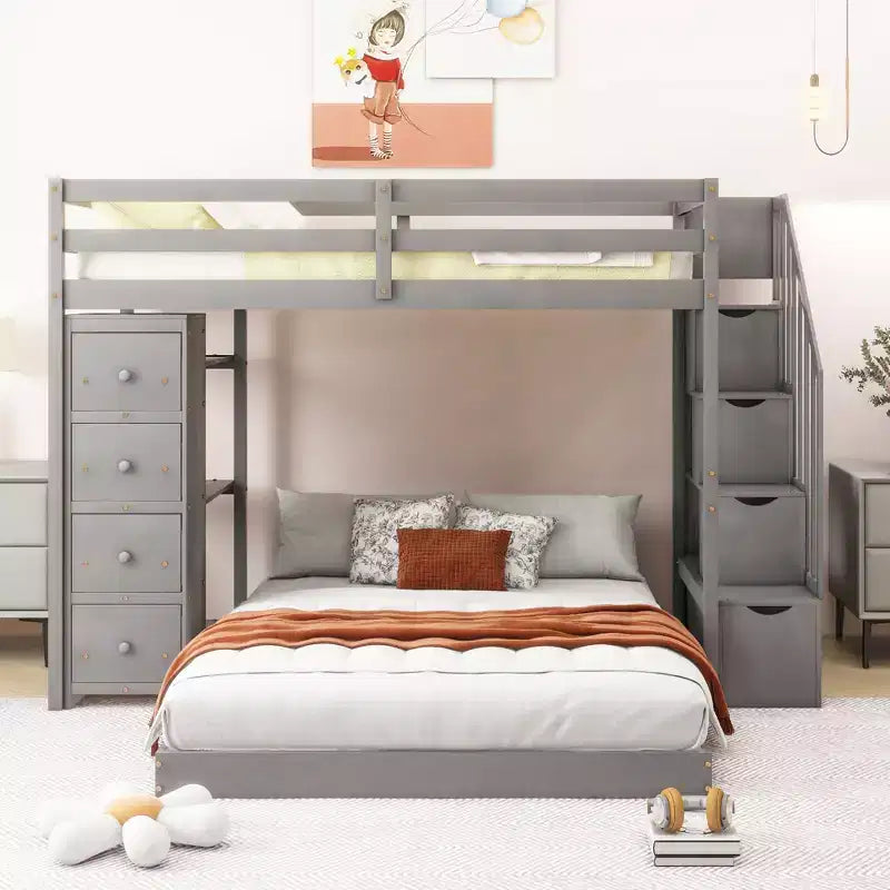 Letto a castello a L con due letti singoli sovrapposti, scale con contenitore, 4 cassetti e mensole, grigio/bianco, per bambini, ragazzi e adulti