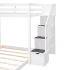 Letto a castello a L con due letti singoli sovrapposti, scale con contenitore, 4 cassetti e mensole, grigio/bianco, per bambini, ragazzi e adulti