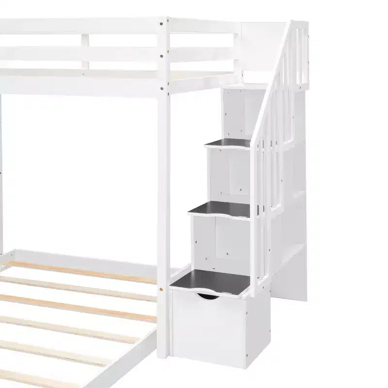 Letto a castello a L con due letti singoli sovrapposti, scale con contenitore, 4 cassetti e mensole, grigio/bianco, per bambini, ragazzi e adulti
