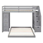 Letto a castello a L con due letti singoli sovrapposti, scale con contenitore, 4 cassetti e mensole, grigio/bianco, per bambini, ragazzi e adulti