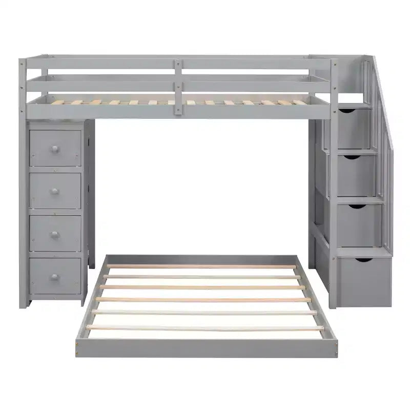 Letto a castello a L con due letti singoli sovrapposti, scale con contenitore, 4 cassetti e mensole, grigio/bianco, per bambini, ragazzi e adulti