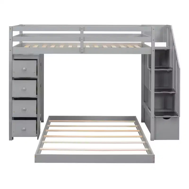 Letto a castello a L con due letti singoli sovrapposti, scale con contenitore, 4 cassetti e mensole, grigio/bianco, per bambini, ragazzi e adulti