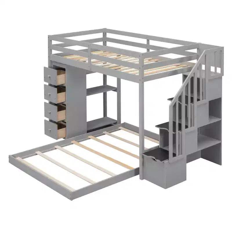 Letto a castello a L con due letti singoli sovrapposti, scale con contenitore, 4 cassetti e mensole, grigio/bianco, per bambini, ragazzi e adulti