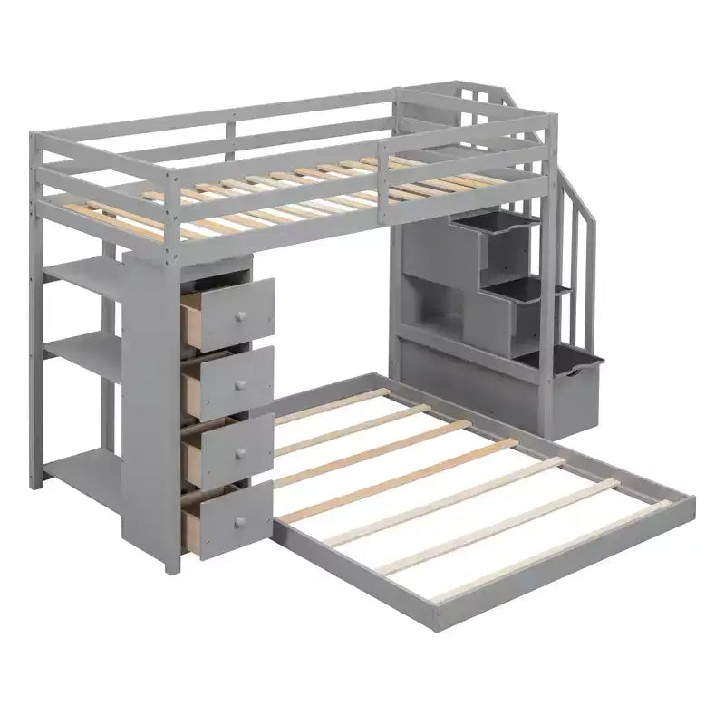 Letto a castello a L con due letti singoli sovrapposti, scale con contenitore, 4 cassetti e mensole, grigio/bianco, per bambini, ragazzi e adulti