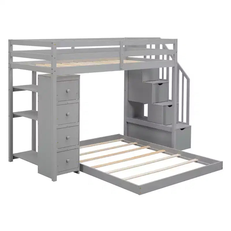 Letto a castello a L con due letti singoli sovrapposti, scale con contenitore, 4 cassetti e mensole, grigio/bianco, per bambini, ragazzi e adulti