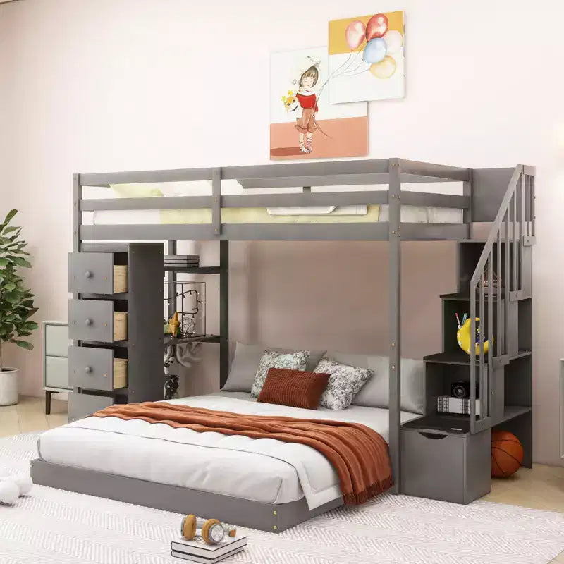 Twin over Full Separable Bunk Beds with Storage Stairs, Wood L-Shape Bunk Bed Frame with 4 Drawers and Shelves for Kids Teens Adults