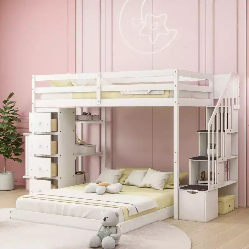 Letto a castello a L con due letti singoli sovrapposti, scale con contenitore, 4 cassetti e mensole, grigio/bianco, per bambini, ragazzi e adulti
