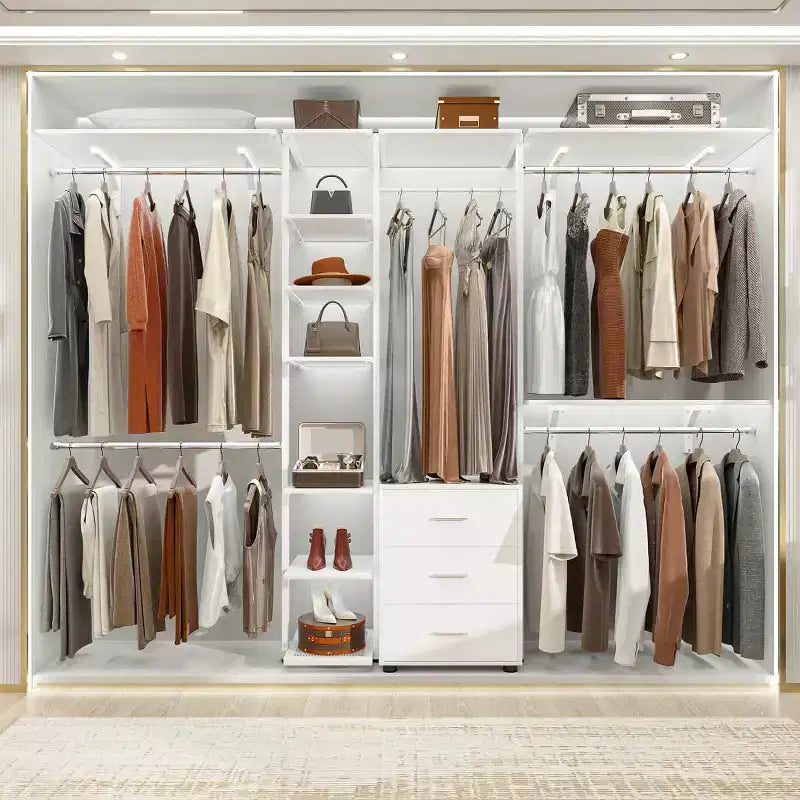 Sistema Organizzatore per Armadio Resistente Beige/Bianco con Cassetti e Ripiani, Adatto per un Nucleo Familiare di 2 Persone