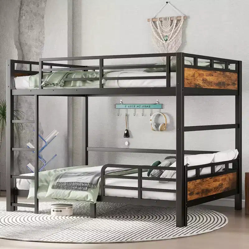 Letto a castello in metallo Full XL su Full XL con sponda di sicurezza rialzata, colore legno vintage, separabile, per 2 persone