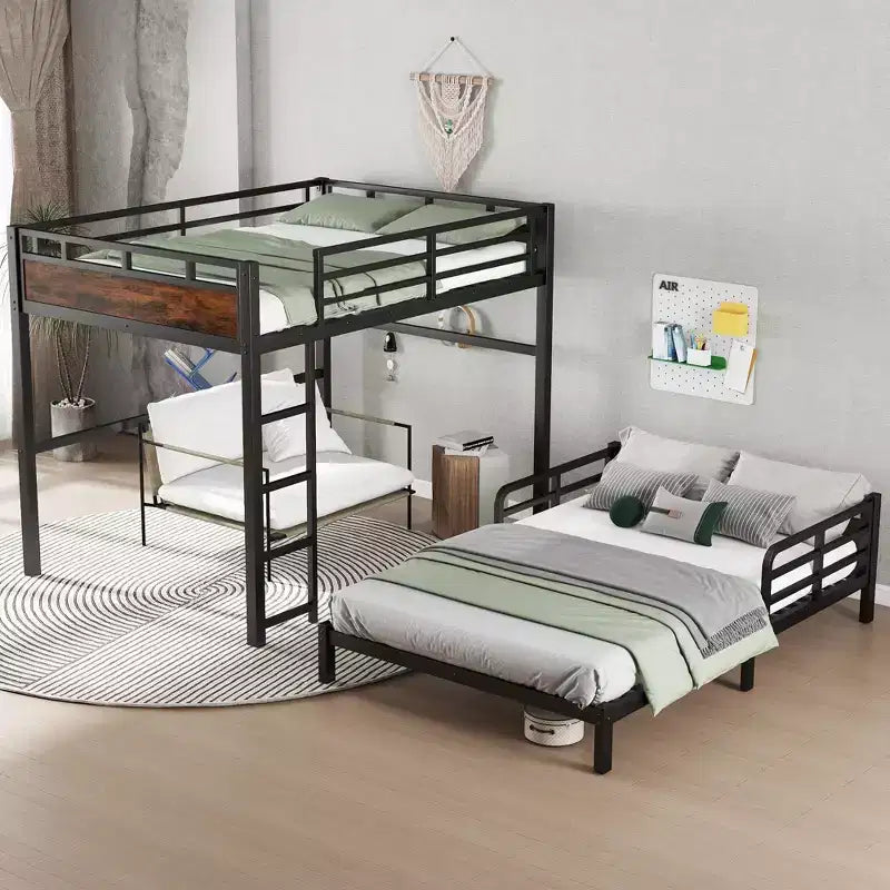Letto a castello in metallo Full XL su Full XL con sponda di sicurezza rialzata, colore legno vintage, separabile, per 2 persone