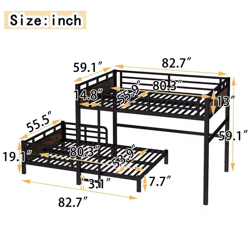 Letto a castello in metallo Full XL su Full XL con sponda di sicurezza rialzata, colore legno vintage, separabile, per 2 persone