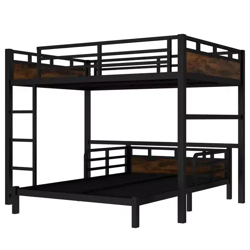 Letto a castello in metallo Full XL su Full XL con sponda di sicurezza rialzata, colore legno vintage, separabile, per 2 persone