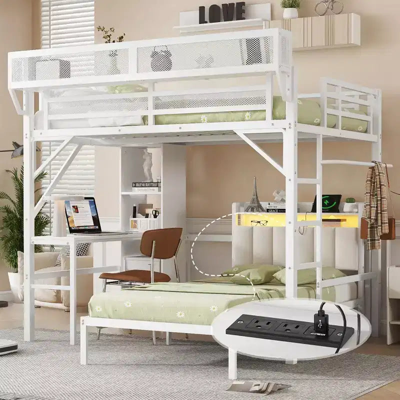 Full over Twin White Metal Bunk Bed with Desk and Bookshelves Detachable Metal Bunk Bed with LED and Charge Station