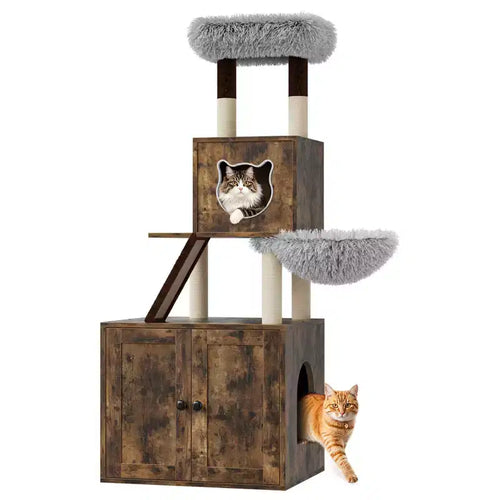 Cat Tree with Litter Box Enclosure, 2-in-1 Multi-Level Cat Furniture with Hammock & Scratching Posts