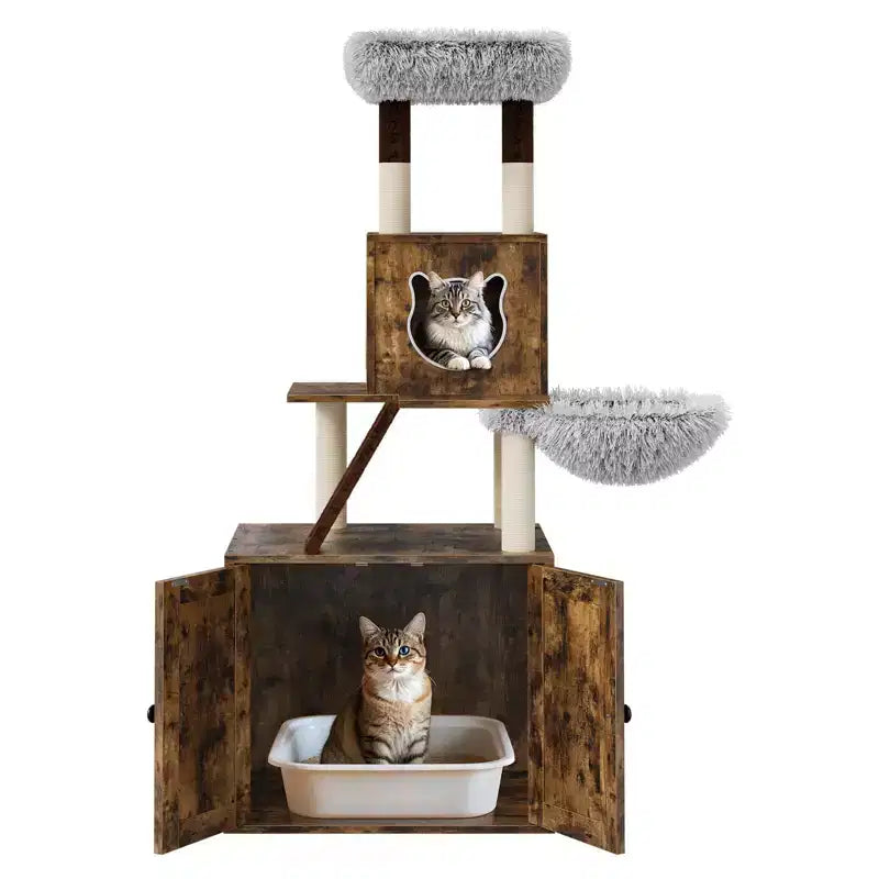 Albero tiragraffi e recinzione per lettiera 2 in 1 con amaca e tiragraffi, grigio vintage, per 1 gatto