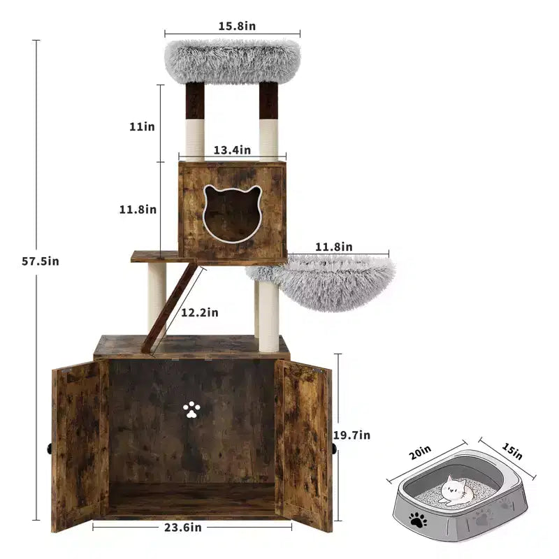 Albero tiragraffi e recinzione per lettiera 2 in 1 con amaca e tiragraffi, grigio vintage, per 1 gatto
