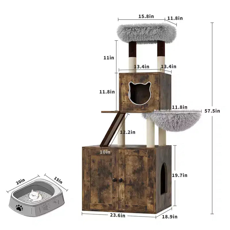 Albero tiragraffi e recinzione per lettiera 2 in 1 con amaca e tiragraffi, grigio vintage, per 1 gatto