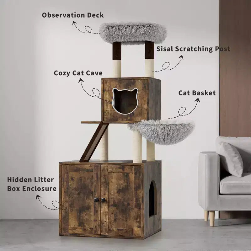 Albero tiragraffi e recinzione per lettiera 2 in 1 con amaca e tiragraffi, grigio vintage, per 1 gatto