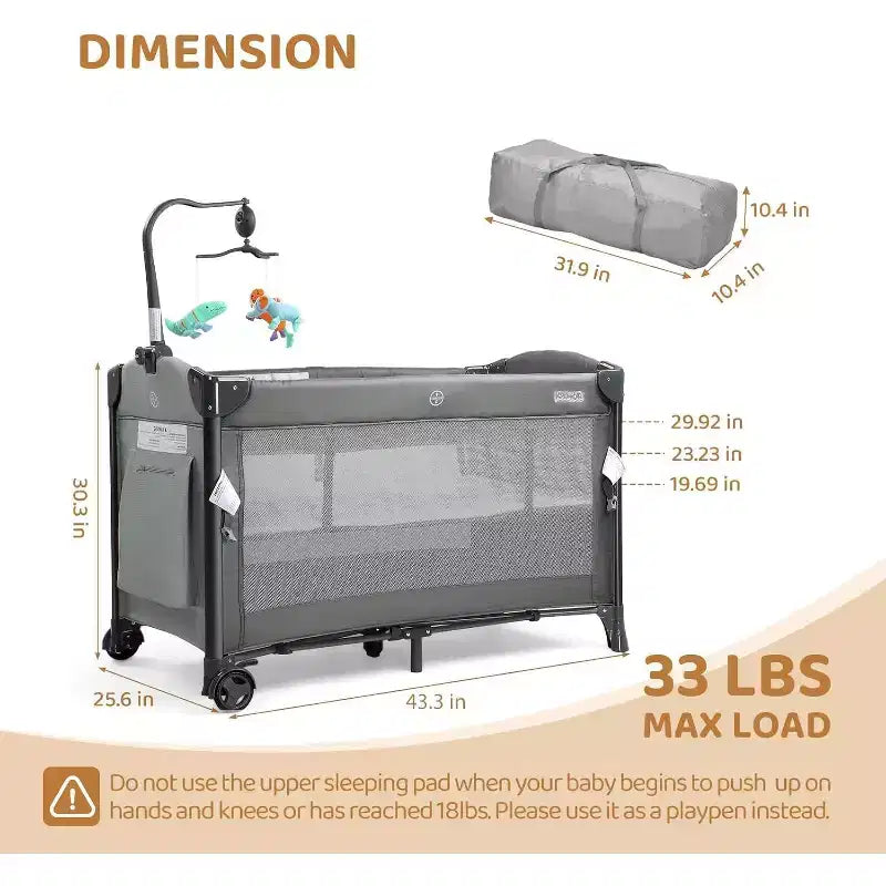 Culla e box da comodino 3 in 1 grigio per 1 bambino