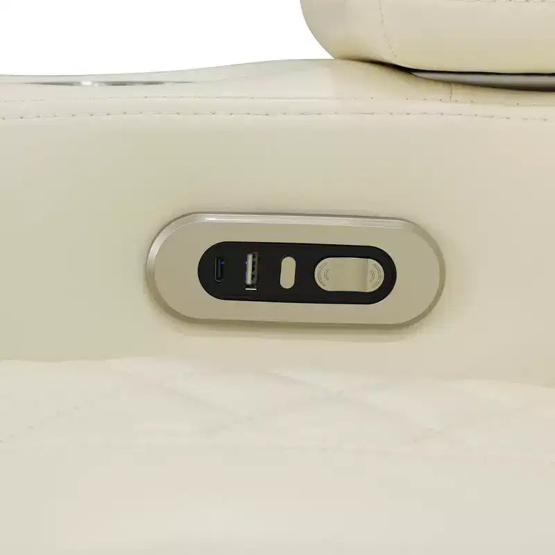 Divanetto reclinabile elettrico biposto in pelle bianca con ricarica USB, contenitore e portabicchieri