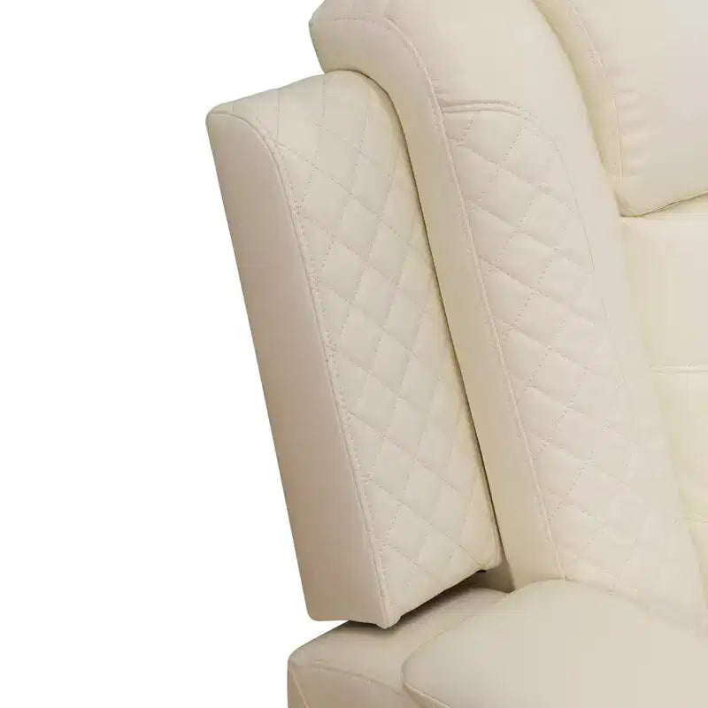 Divanetto reclinabile elettrico biposto in pelle bianca con ricarica USB, contenitore e portabicchieri
