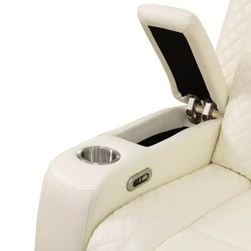 Divanetto reclinabile elettrico biposto in pelle bianca con ricarica USB, contenitore e portabicchieri