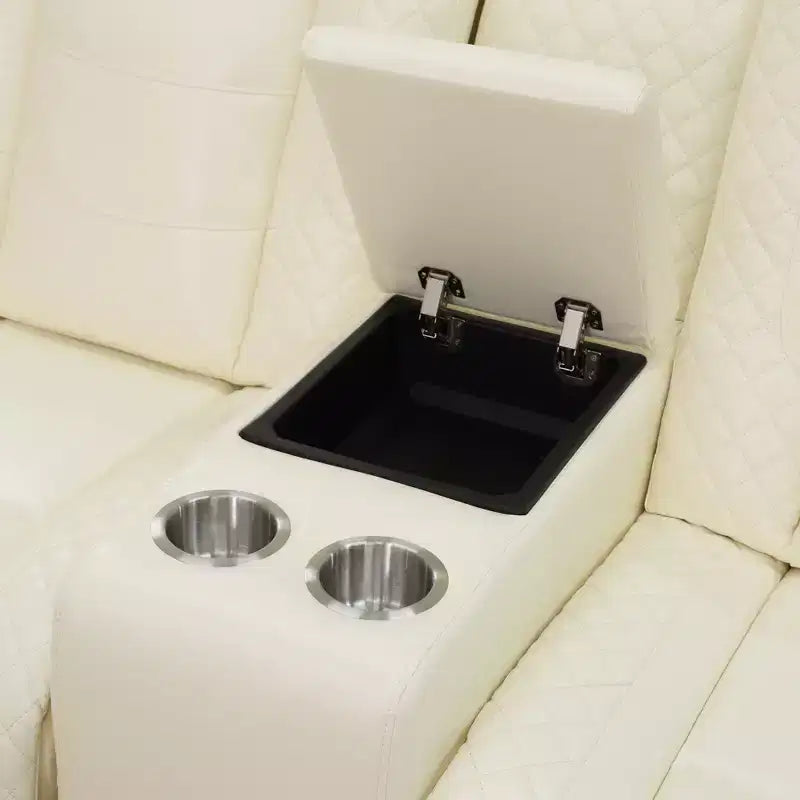 Divanetto reclinabile elettrico biposto in pelle bianca con ricarica USB, contenitore e portabicchieri
