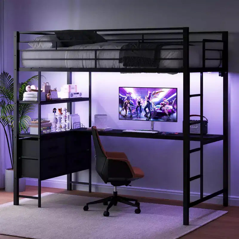 VINGLI Full Metal Loft Bed with 15 Inches Guardrail/desk/Non-Slip Ladder/2 Charging Stations/Storage Shelve,4 Drawers,LED,No Box Spring Needed, Black