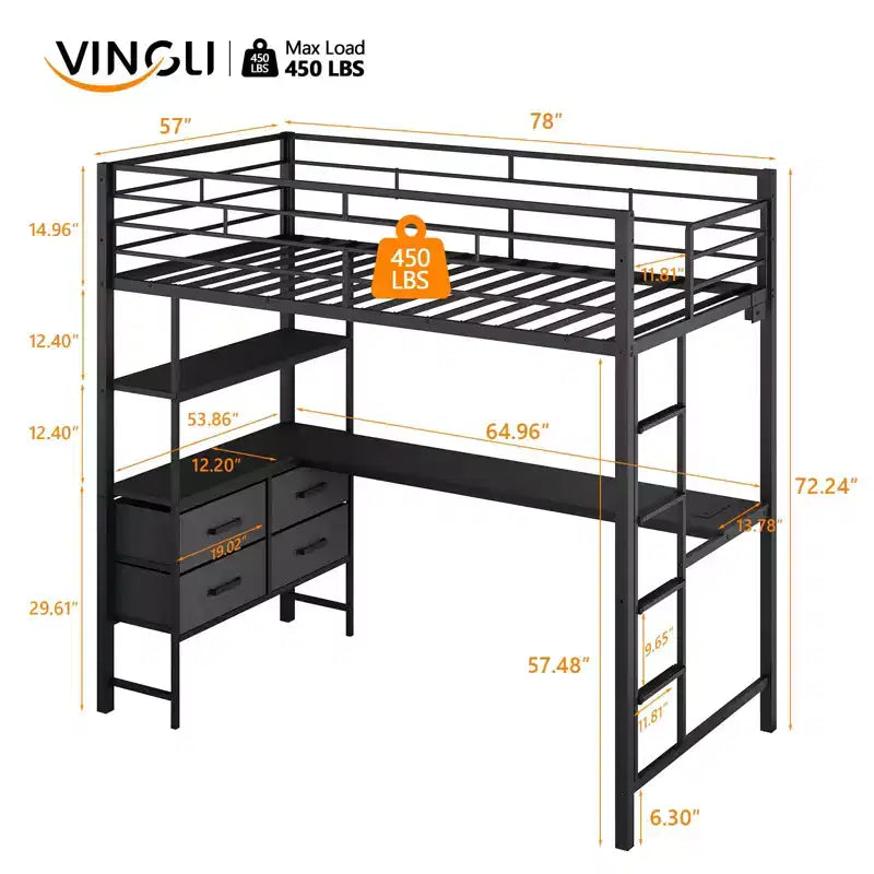 Letto a soppalco Full Metal con scrivania, scale e luci a LED, nero (1 persona, dimensioni matrimoniali)