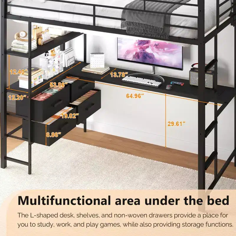 Letto a soppalco Full Metal con scrivania, scale e luci a LED, nero (1 persona, dimensioni matrimoniali)