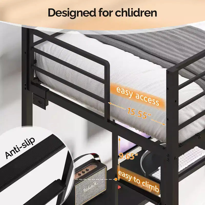 Letto a soppalco Full Metal con scrivania, scale e luci a LED, nero (1 persona, dimensioni matrimoniali)