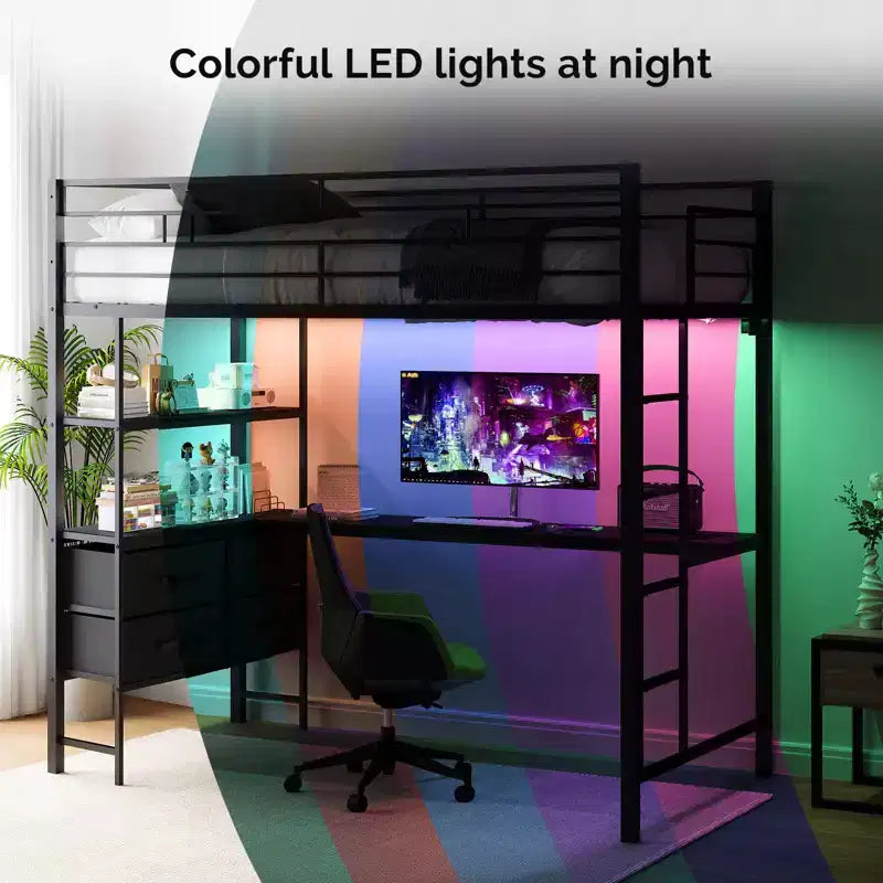 Letto a soppalco Full Metal con scrivania, scale e luci a LED, nero (1 persona, dimensioni matrimoniali)