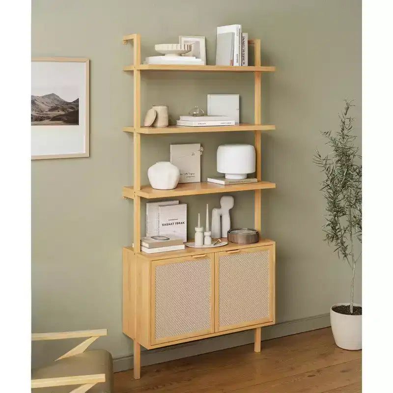 Libreria a Scala in Rattan, Libreria a 6 Ripiani Larga 80 cm con Ante, Scaffale Contenitore in Legno per Soggiorno o Ufficio