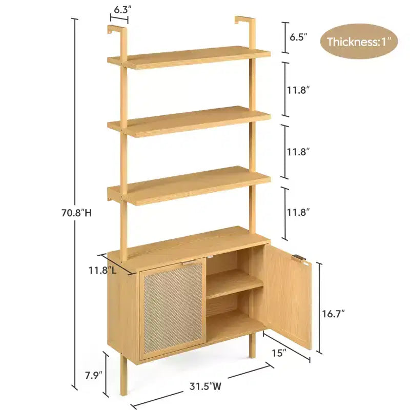Libreria a Scala in Rattan, Libreria a 6 Ripiani Larga 80 cm con Ante, Scaffale Contenitore in Legno per Soggiorno o Ufficio