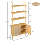 Libreria a Scala in Rattan, Libreria a 6 Ripiani Larga 80 cm con Ante, Scaffale Contenitore in Legno per Soggiorno o Ufficio