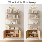 Libreria a Scala in Rattan, Libreria a 6 Ripiani Larga 80 cm con Ante, Scaffale Contenitore in Legno per Soggiorno o Ufficio
