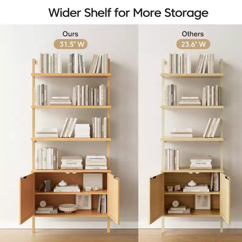 Libreria a Scala in Rattan, Libreria a 6 Ripiani Larga 80 cm con Ante, Scaffale Contenitore in Legno per Soggiorno o Ufficio