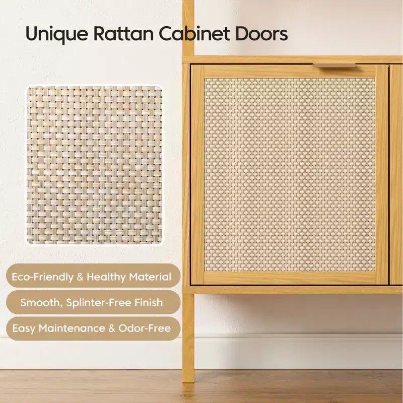 Libreria a Scala in Rattan, Libreria a 6 Ripiani Larga 80 cm con Ante, Scaffale Contenitore in Legno per Soggiorno o Ufficio