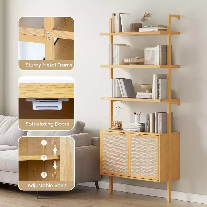 Libreria a Scala in Rattan, Libreria a 6 Ripiani Larga 80 cm con Ante, Scaffale Contenitore in Legno per Soggiorno o Ufficio