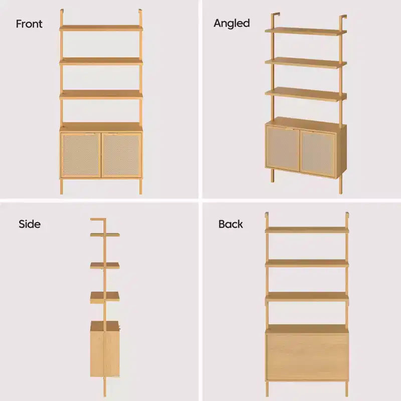 Libreria a Scala in Rattan, Libreria a 6 Ripiani Larga 80 cm con Ante, Scaffale Contenitore in Legno per Soggiorno o Ufficio