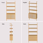 Libreria a Scala in Rattan, Libreria a 6 Ripiani Larga 80 cm con Ante, Scaffale Contenitore in Legno per Soggiorno o Ufficio