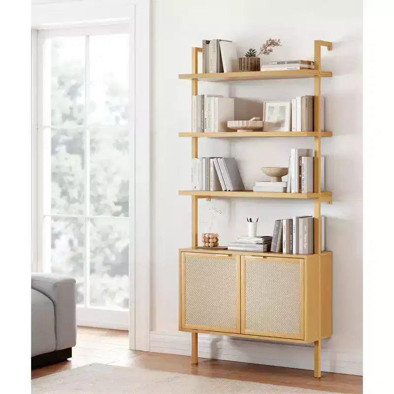 Libreria a Scala in Rattan, Libreria a 6 Ripiani Larga 80 cm con Ante, Scaffale Contenitore in Legno per Soggiorno o Ufficio