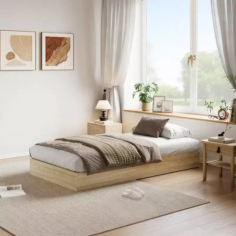 Letto a piattaforma singolo in legno, doghe in legno massello, giroletto da pavimento, design moderno minimalista, salvaspazio, non richiede la rete a molle