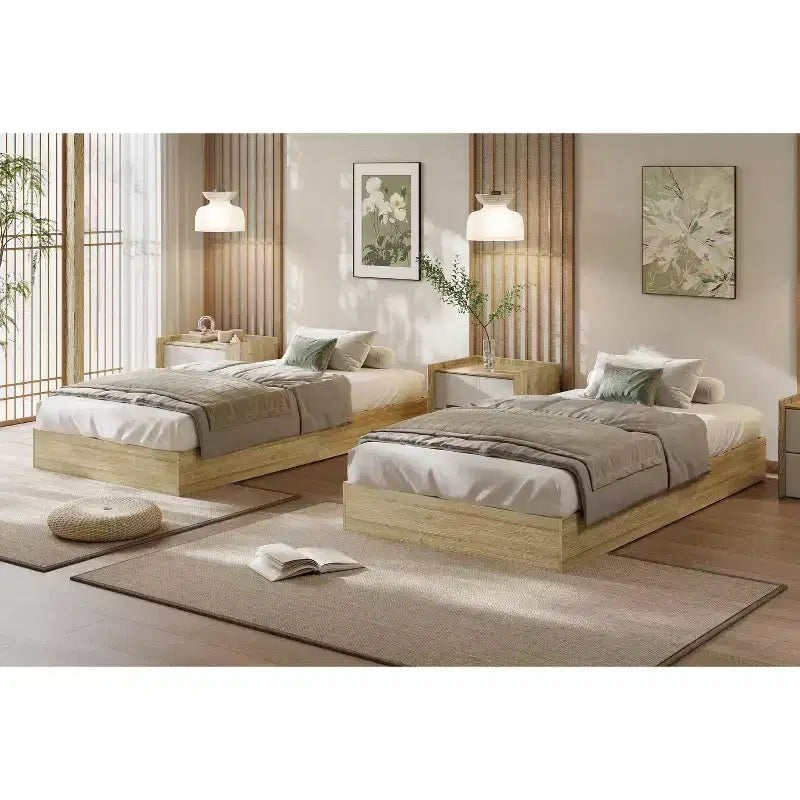Letto a piattaforma singolo in legno, doghe in legno massello, giroletto da pavimento, design moderno minimalista, salvaspazio, non richiede la rete a molle