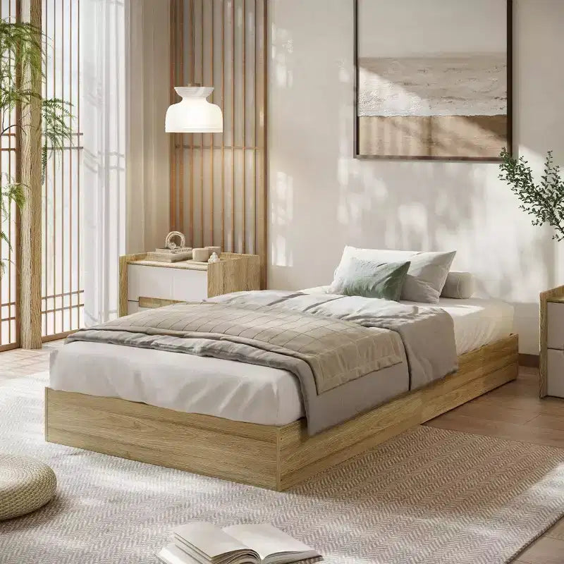 Letto a piattaforma singolo in legno, doghe in legno massello, giroletto da pavimento, design moderno minimalista, salvaspazio, non richiede la rete a molle