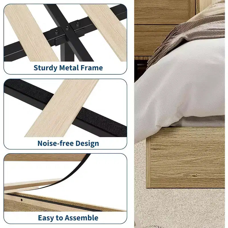 Letto a piattaforma singolo in legno, doghe in legno massello, giroletto da pavimento, design moderno minimalista, salvaspazio, non richiede la rete a molle