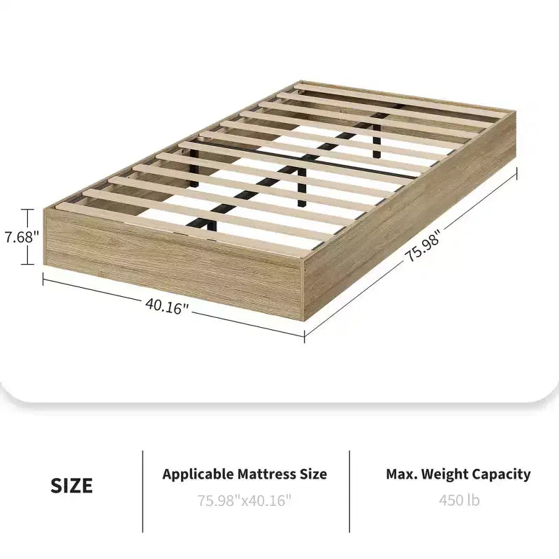 Letto a piattaforma singolo in legno, doghe in legno massello, giroletto da pavimento, design moderno minimalista, salvaspazio, non richiede la rete a molle